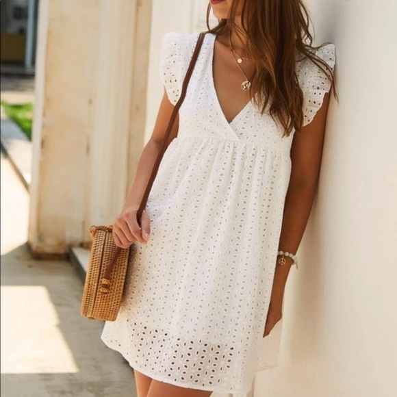 Boho white v neck embroidered smock dress - Picture 10 of 11